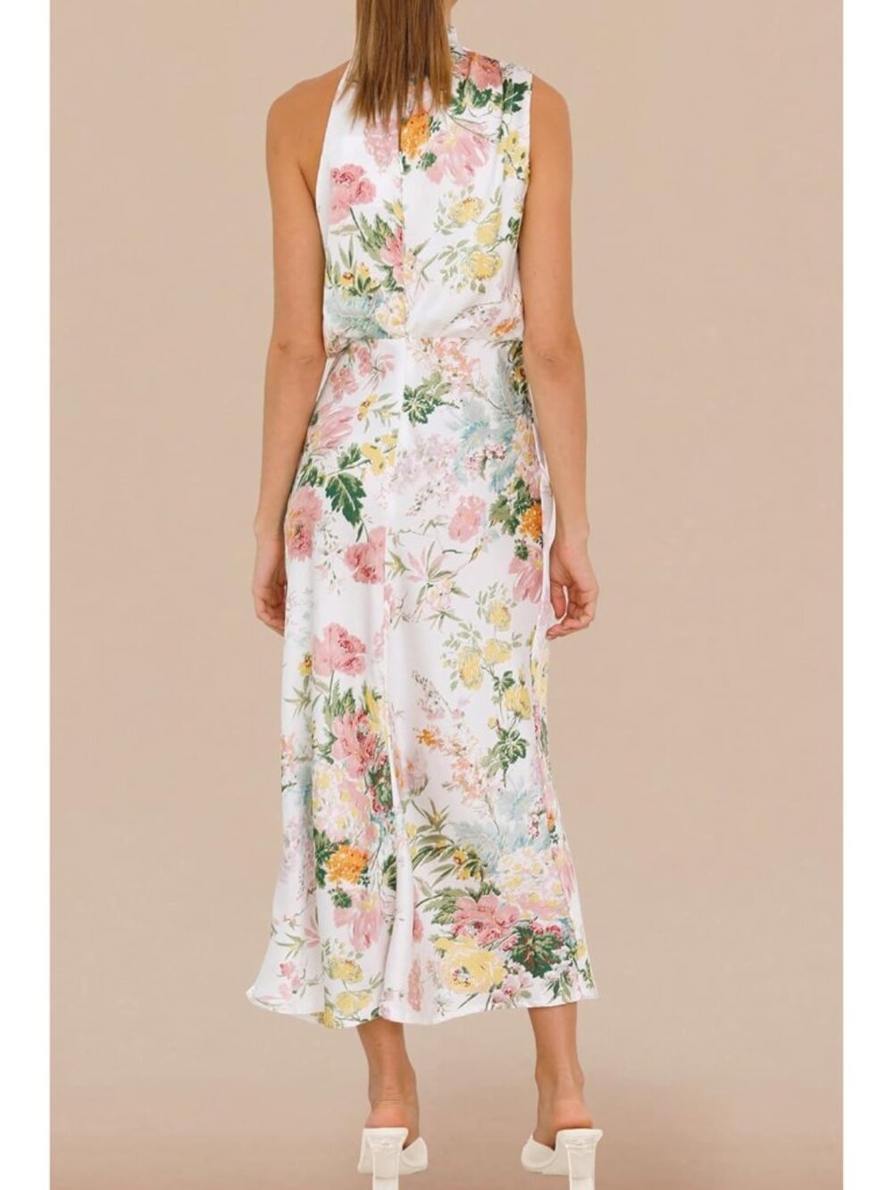 Women Print White Summer Satin Elegant Sleeveless Mock Neck Cocktail Maxi Dress - Picture 3 of 5